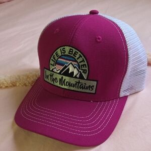 Magenta Trucker Hat with 'Life Is Better in the Mountains' Patch